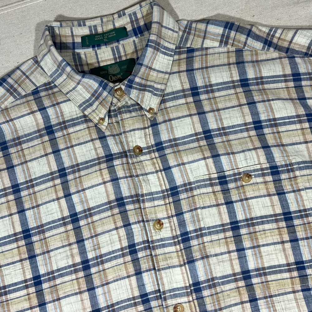 Orvis Mens XL Button‎ Up Shirt Short Sleeve Plaid Tan Blue Cotton Casual